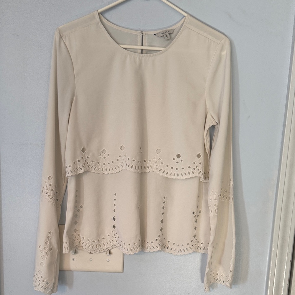 Guess Ivory Eyelet Blouse Small | Quiet Luxury Coquette Boho Chic Layered Top